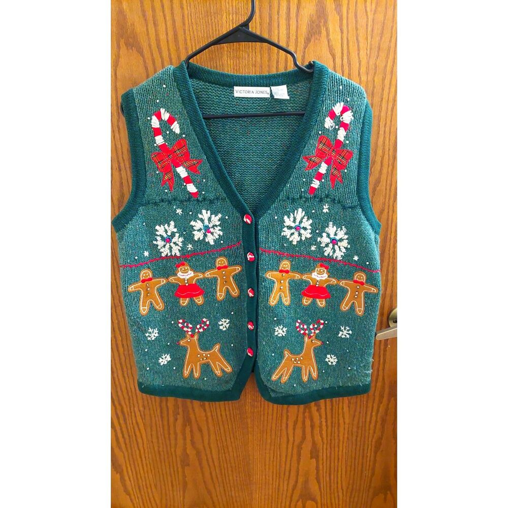 Vintage Victoria Jones Christmas Sweater Vest L Teal Gingerbread Reindeer Beaded